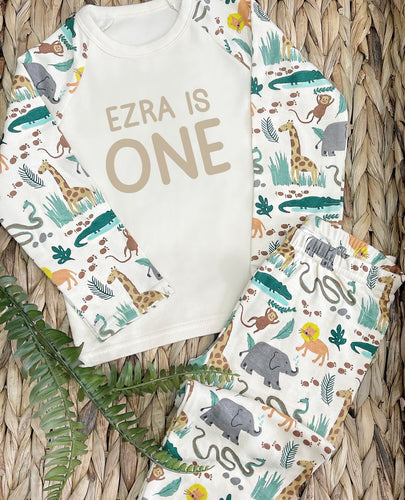 Safari Print Birthday Pyjamas - Cute as a Button by Laura