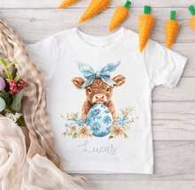 Load image into Gallery viewer, Embroidery Style Highland Cow Easter Tee (Pink or Blue)
