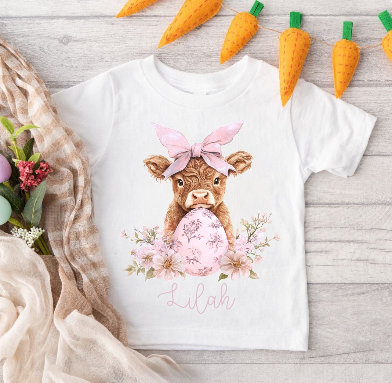 Embroidery Style Highland Cow Easter Tee (Pink or Blue)