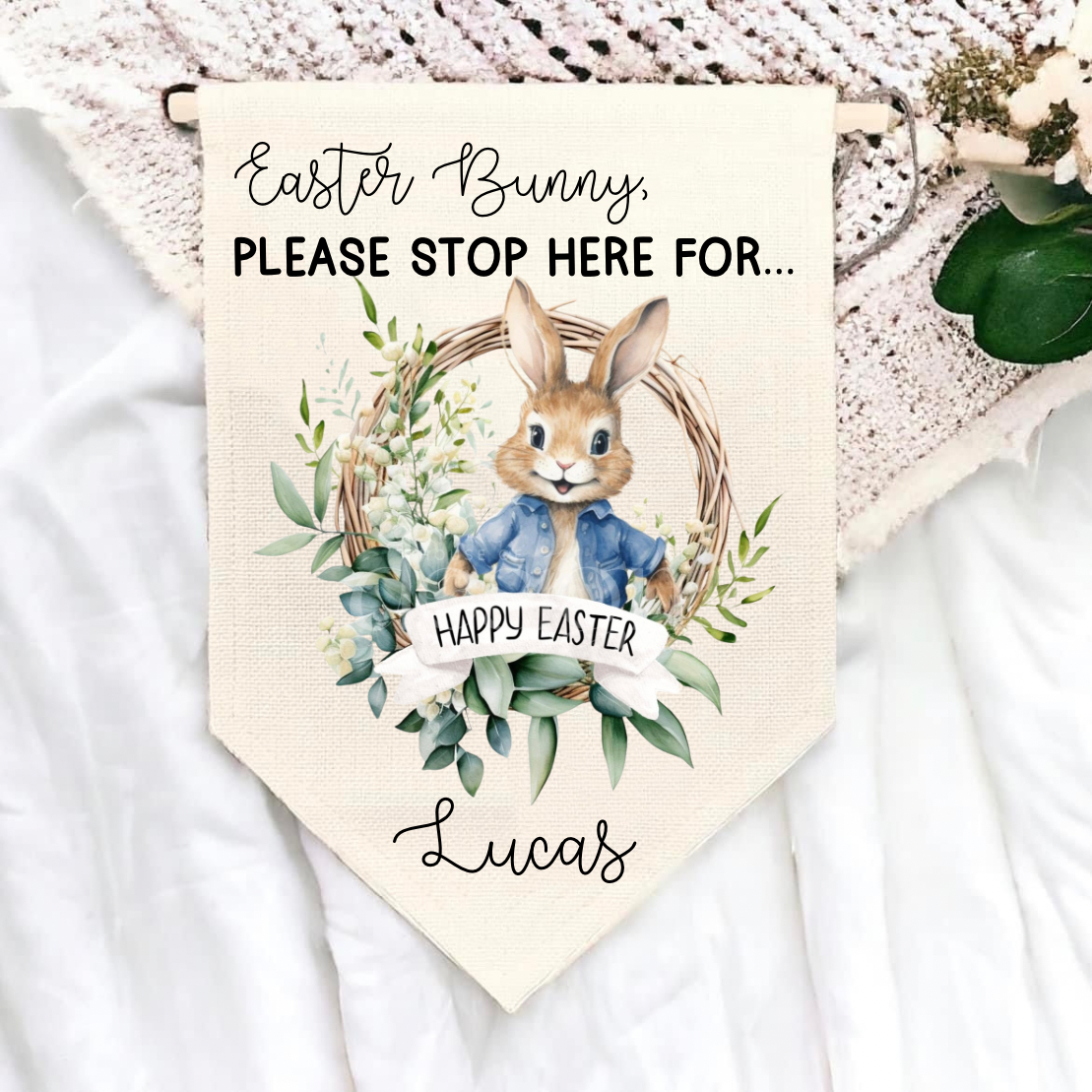 Blue Bunny Stop Here Linen Pennant Flag