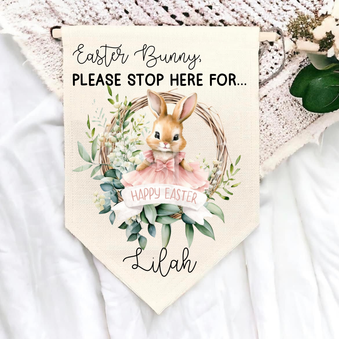 Pink Bunny Stop Here Linen Pennant Flag