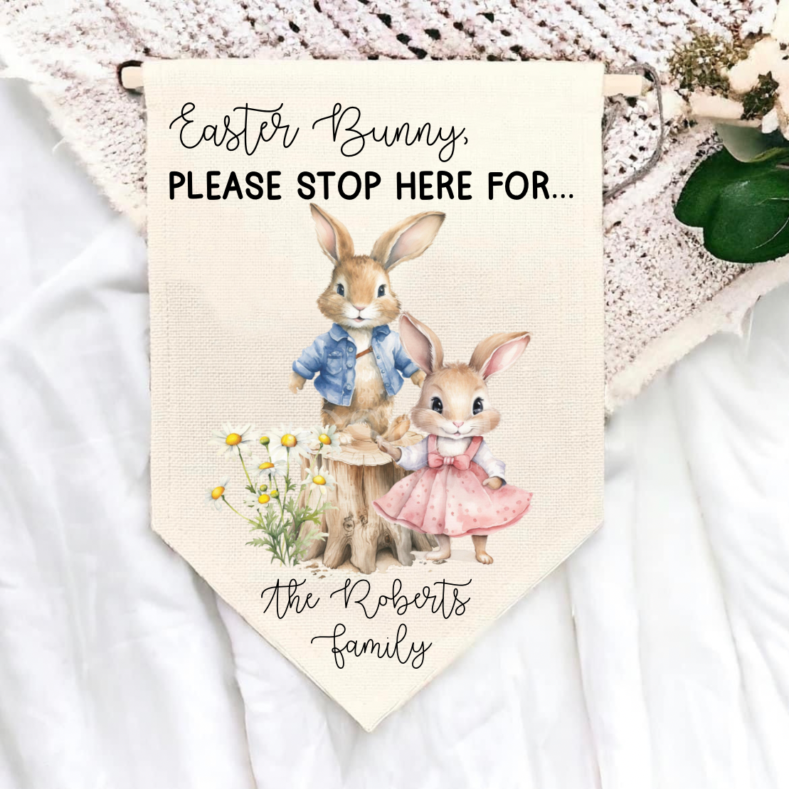 Bunny Stop Here Linen Pennant Flag