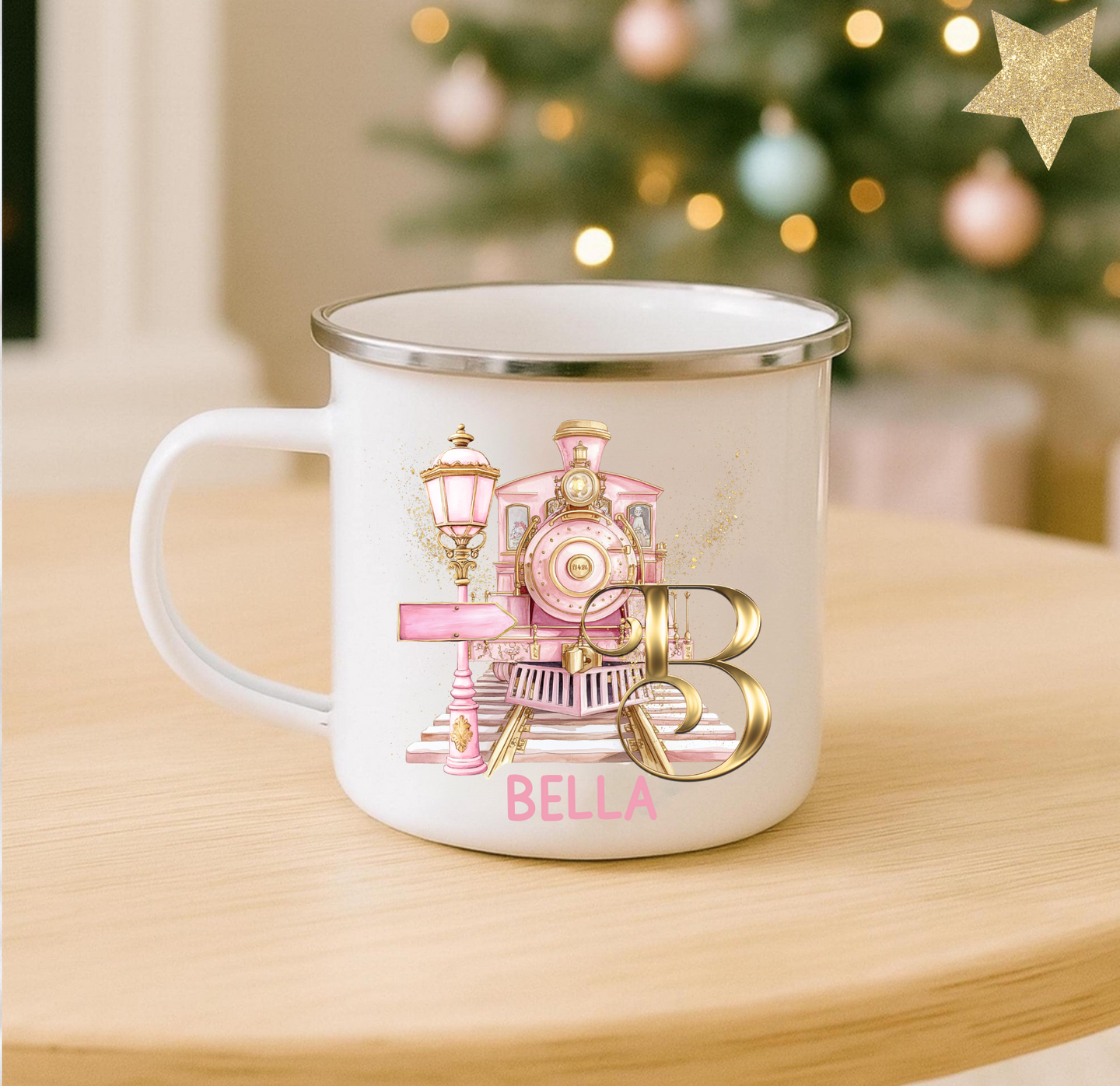 Polar Express Initial Enamel Mug (Pink or Blue)