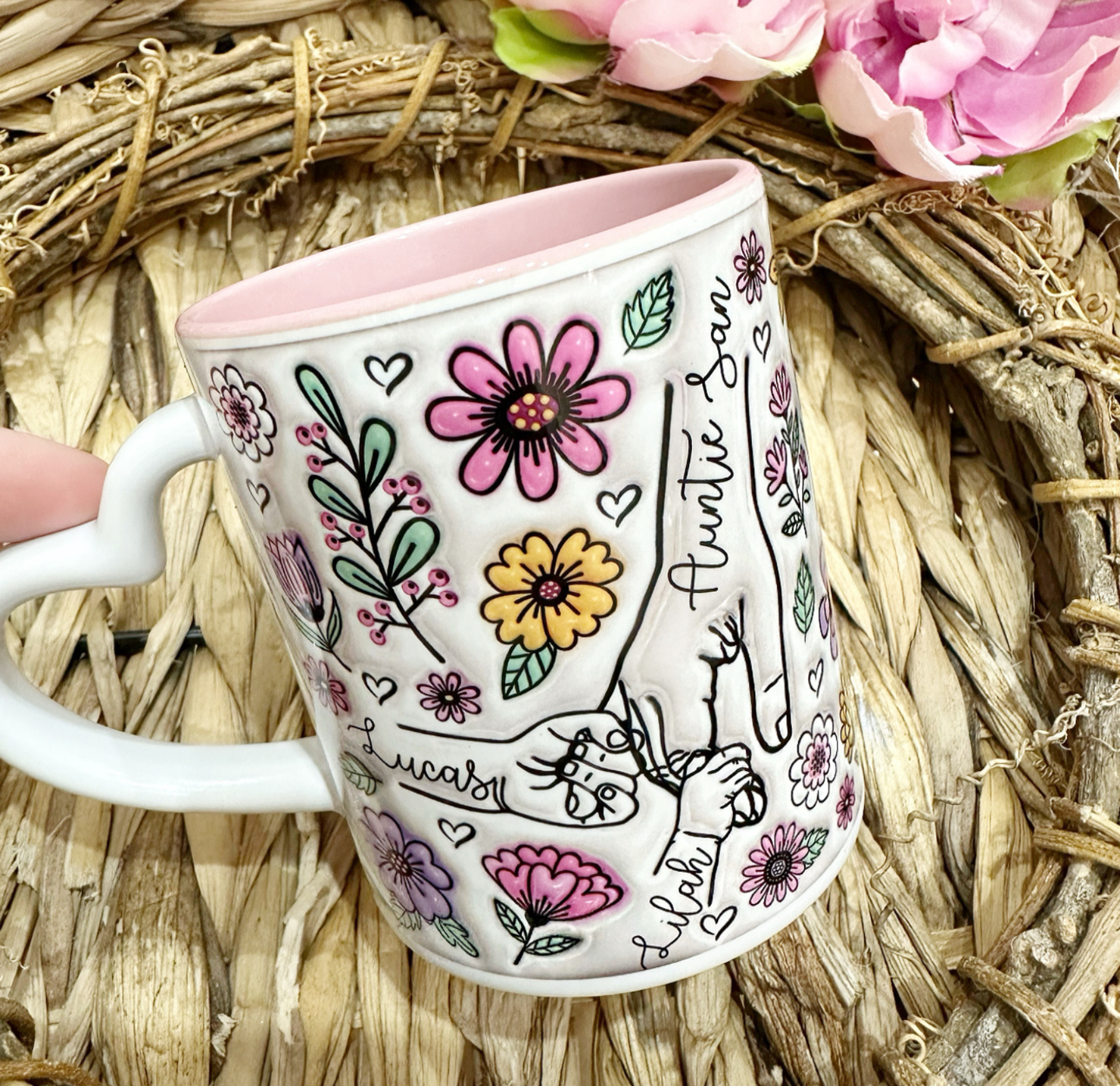 Holding Hands Pink Heart Handle Mug