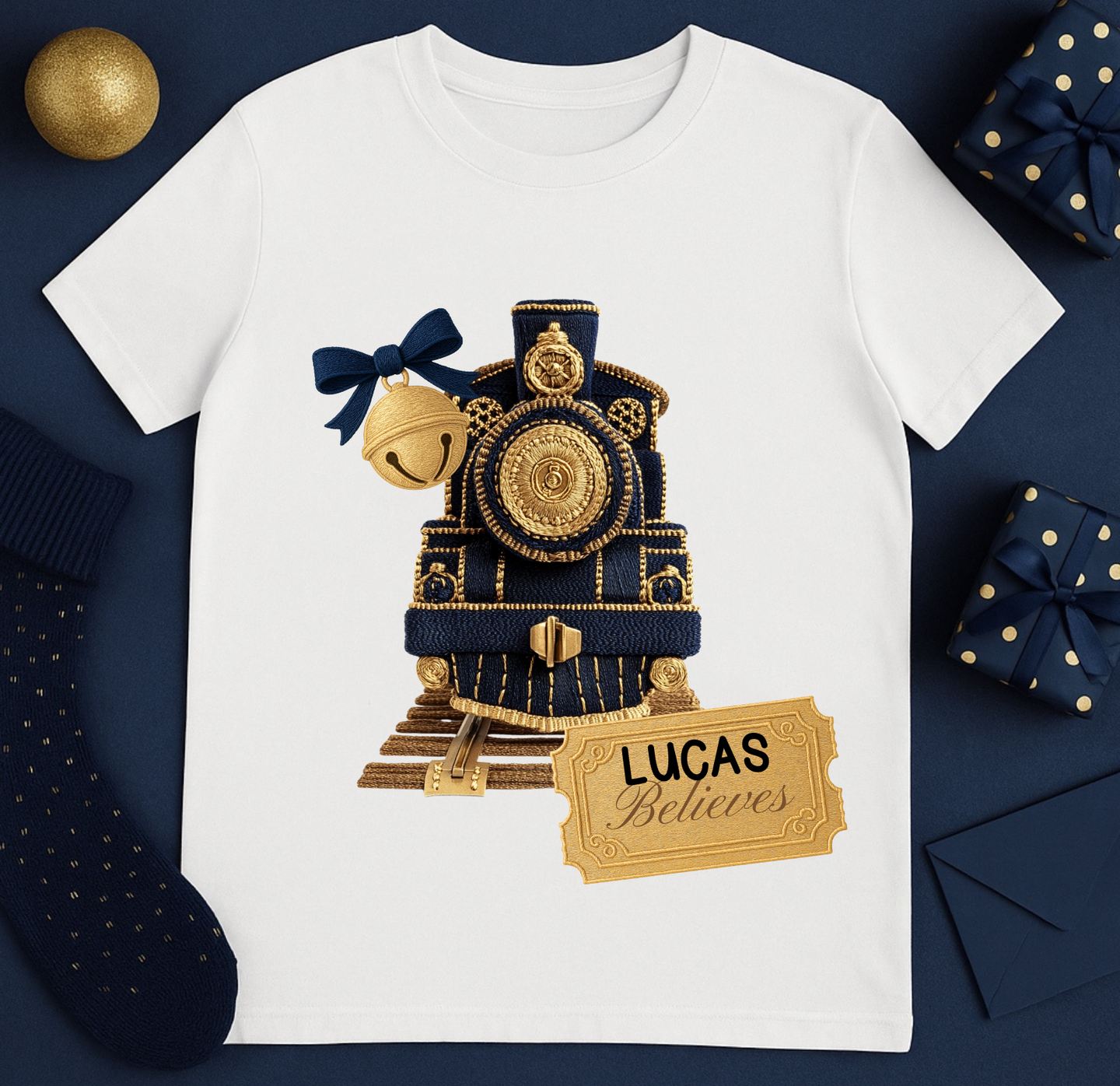 Embroidery Effect Polar Express Christmas Tee Navy