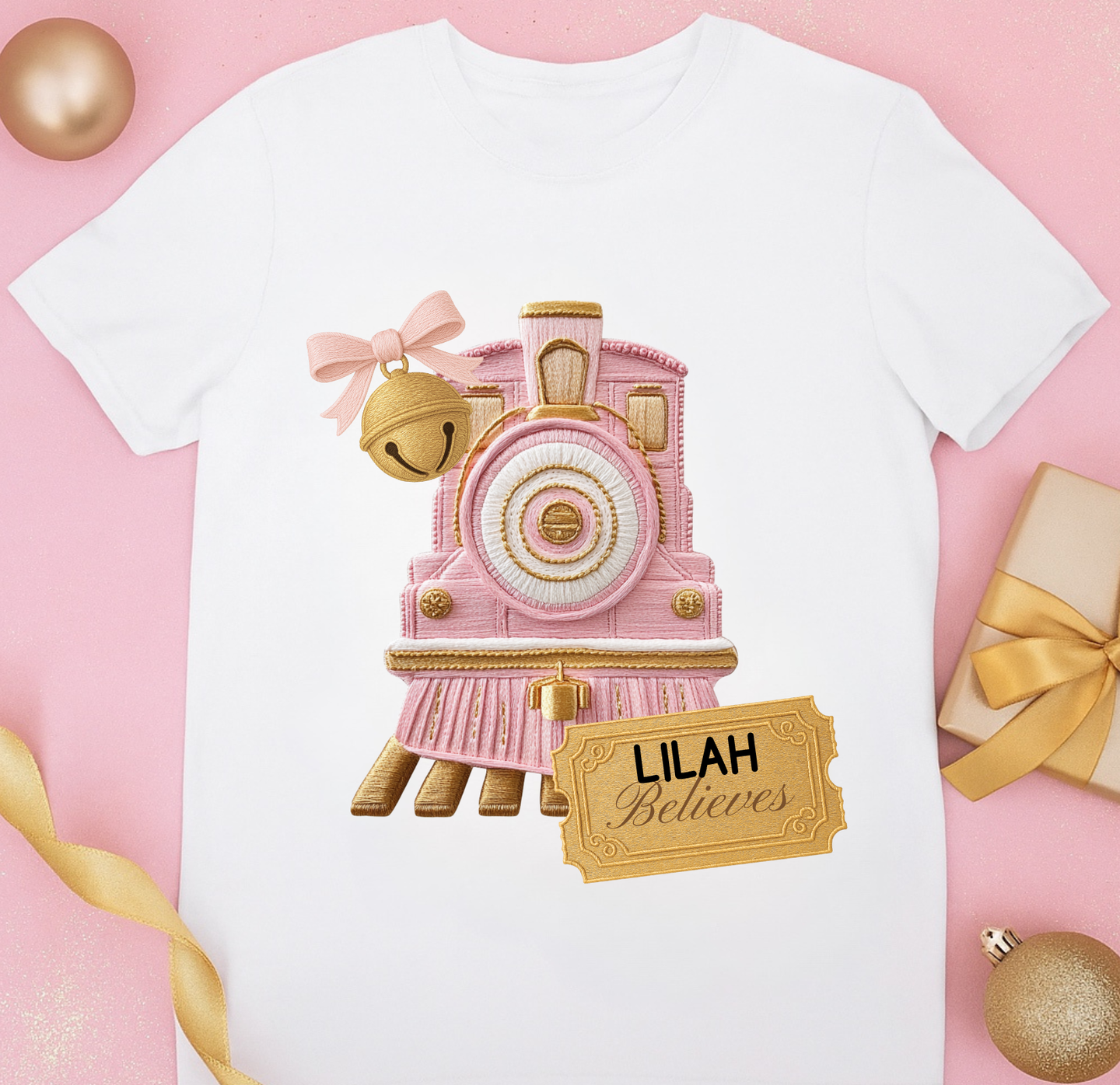 Embroidery Effect Polar Express Christmas Tee Pink