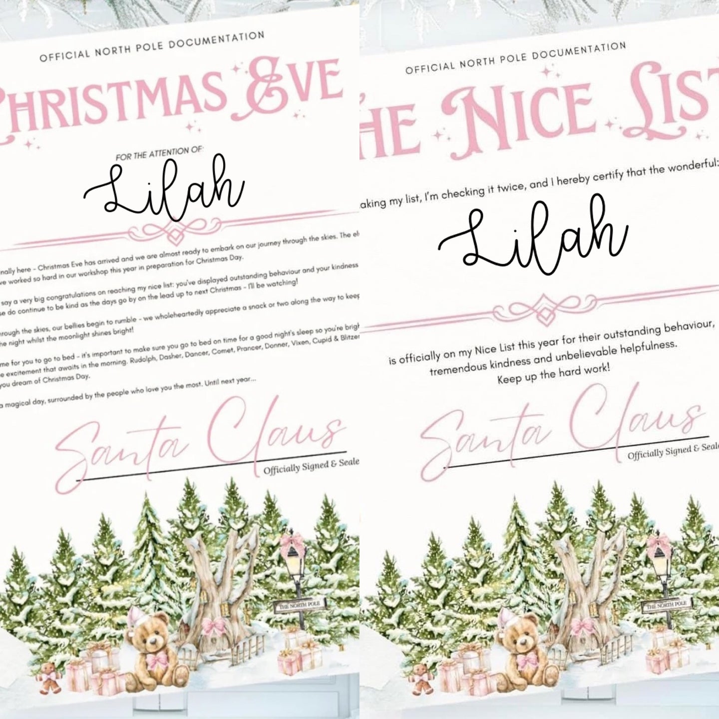 Pink Nice List Certificate & Christmas Eve Letter Set