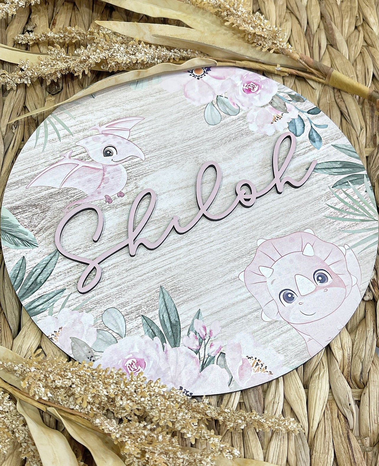 Pink Dinos Printed Plaque - Cute as a Button by Laura