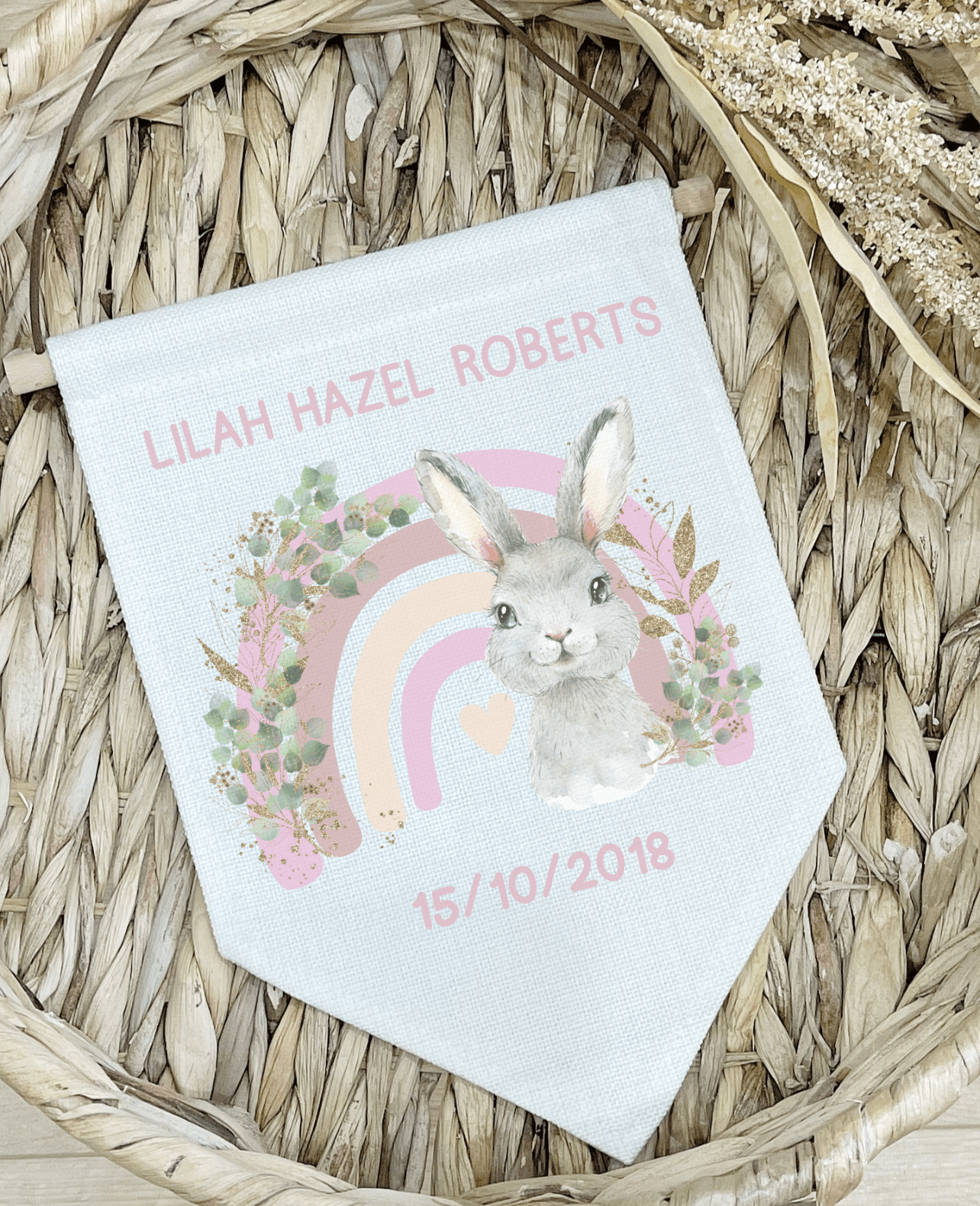 Rainbow Bunny Linen Pennant Flag - Cute as a Button by Laura