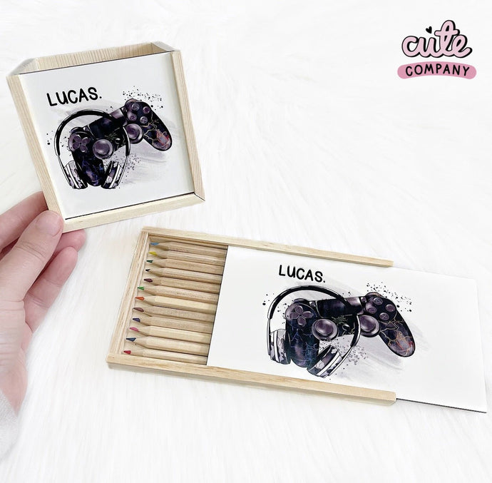 Wooden Pencil Case with Pencils (Other Designs Available) - Cute as a Button by Laura